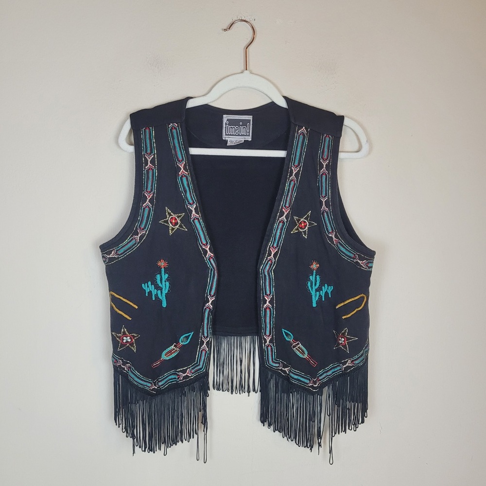 Vintage Cowgirl Vest Large Black Embroidered Cactus Star Fringe Southwestern 90s